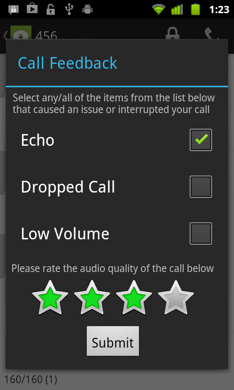 Screenshot of thw RedPhone call quality feedback dialog.