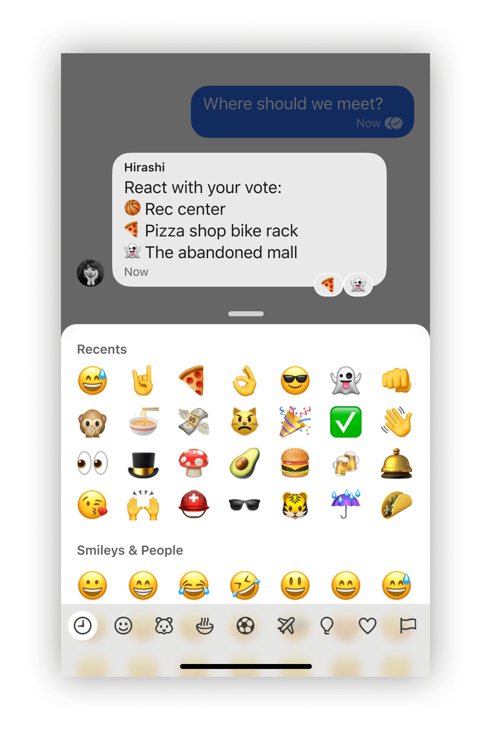 Screenshot of a poll conducted using custom emoji reactions with the following text: 'Person 1: Where should we meet? Person 2: React with your vote: (basketball emoji) Rec center (pizza emoji) Pizza shop bike rack (ghost emoji) The abandoned mall'