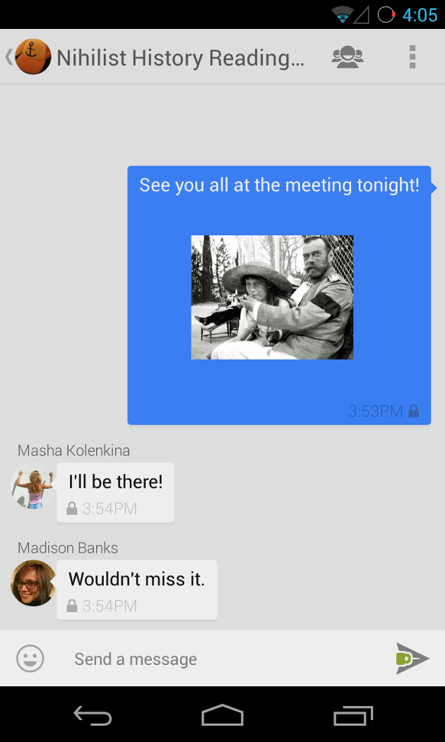 Screenshot of a group conversation in TextSecure