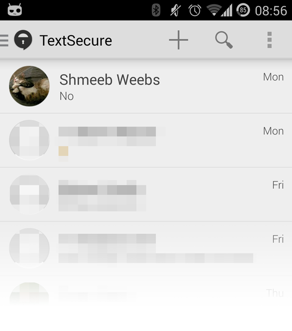 Screenshot of a redesigned TextSecure contact list