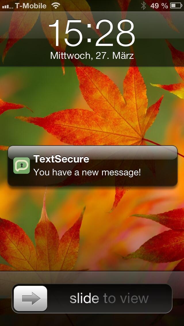 Screenshot of an Apple Push Notification from TextSecure on iPhone