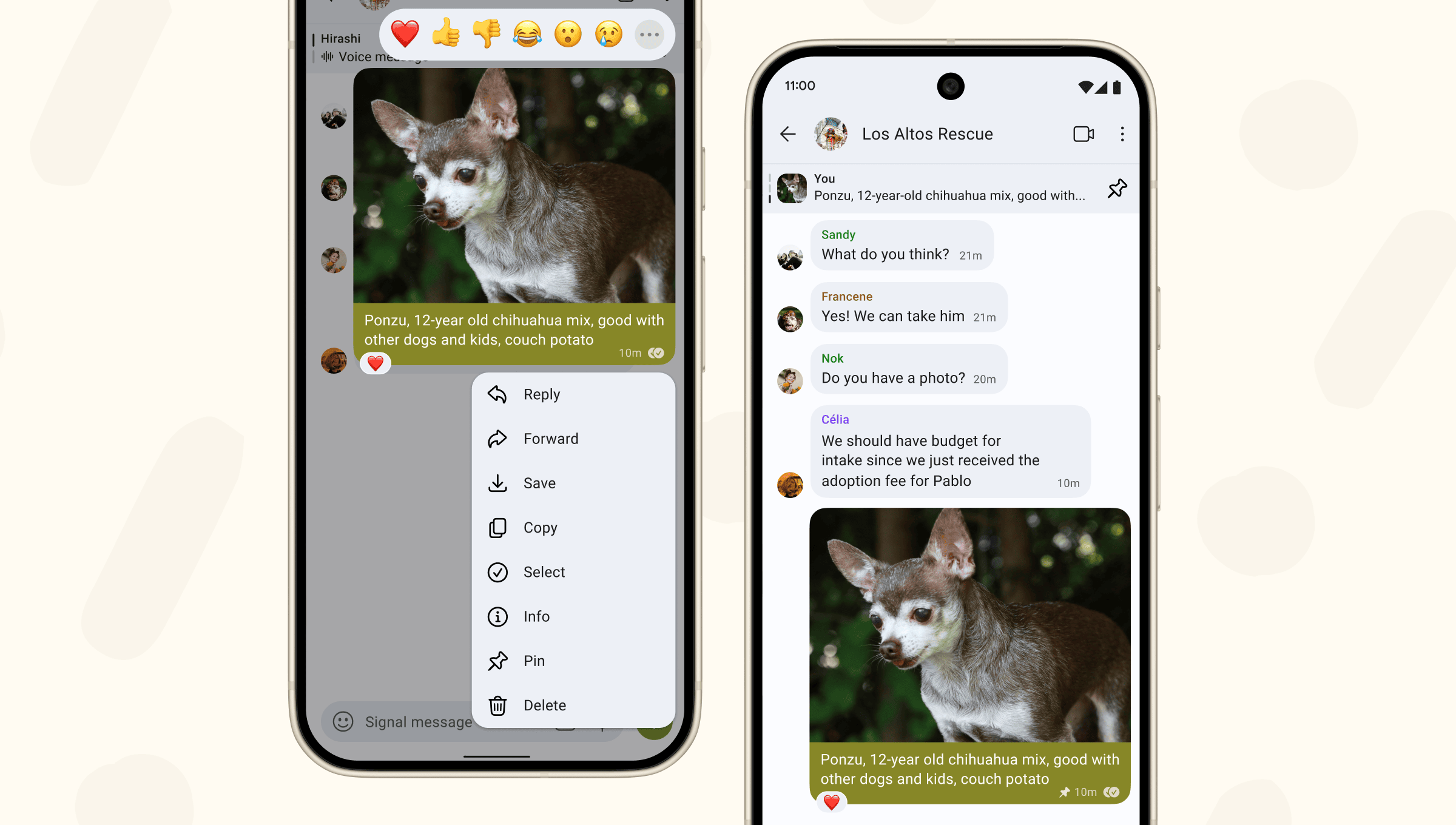 Side-by-side screenshots showing a message being pinned, and the way the message appears after it has been pinned.