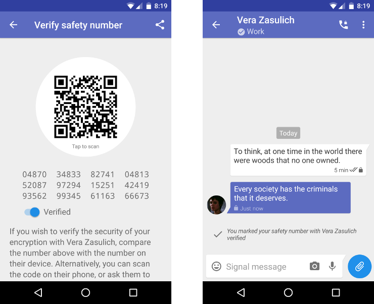 Screenshot of marking a safety number as verified