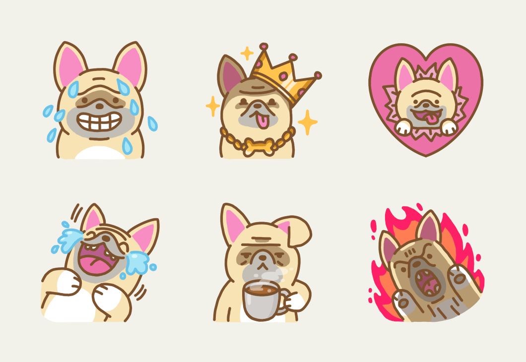 Sample of stickers from the Zozo the French Bulldog sticker pack.