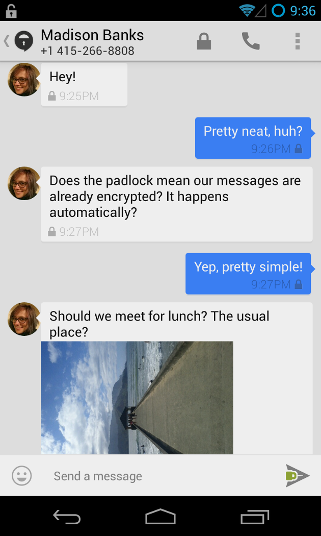 Screenshot of a TextSecure conversation over push messaging