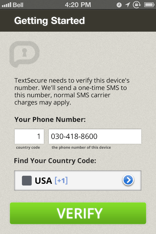 Screenshot of the TextSecure setup screen on iPhone